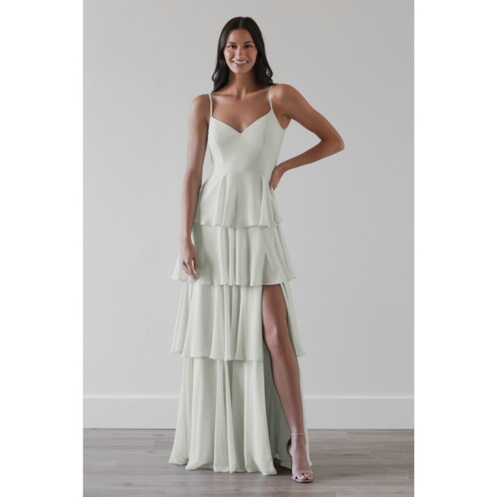 WToo Sama. Long Tiered Ruffle Chiffon Dress with Slit. Sage. Size M (6/8)